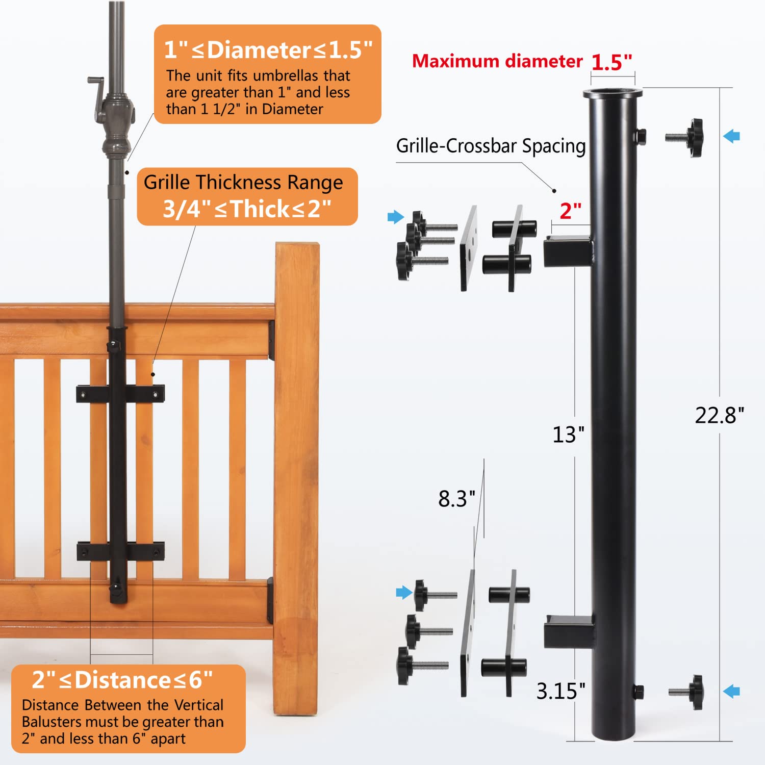 Walrkaur mounted on vertical railing with umbrella showing scale and clearance