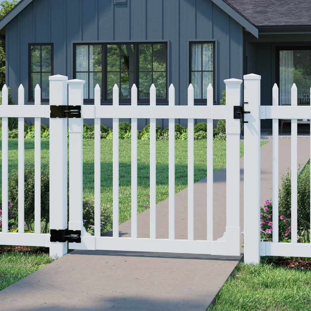 WamBam gate front view showing white picket styling and curb appeal