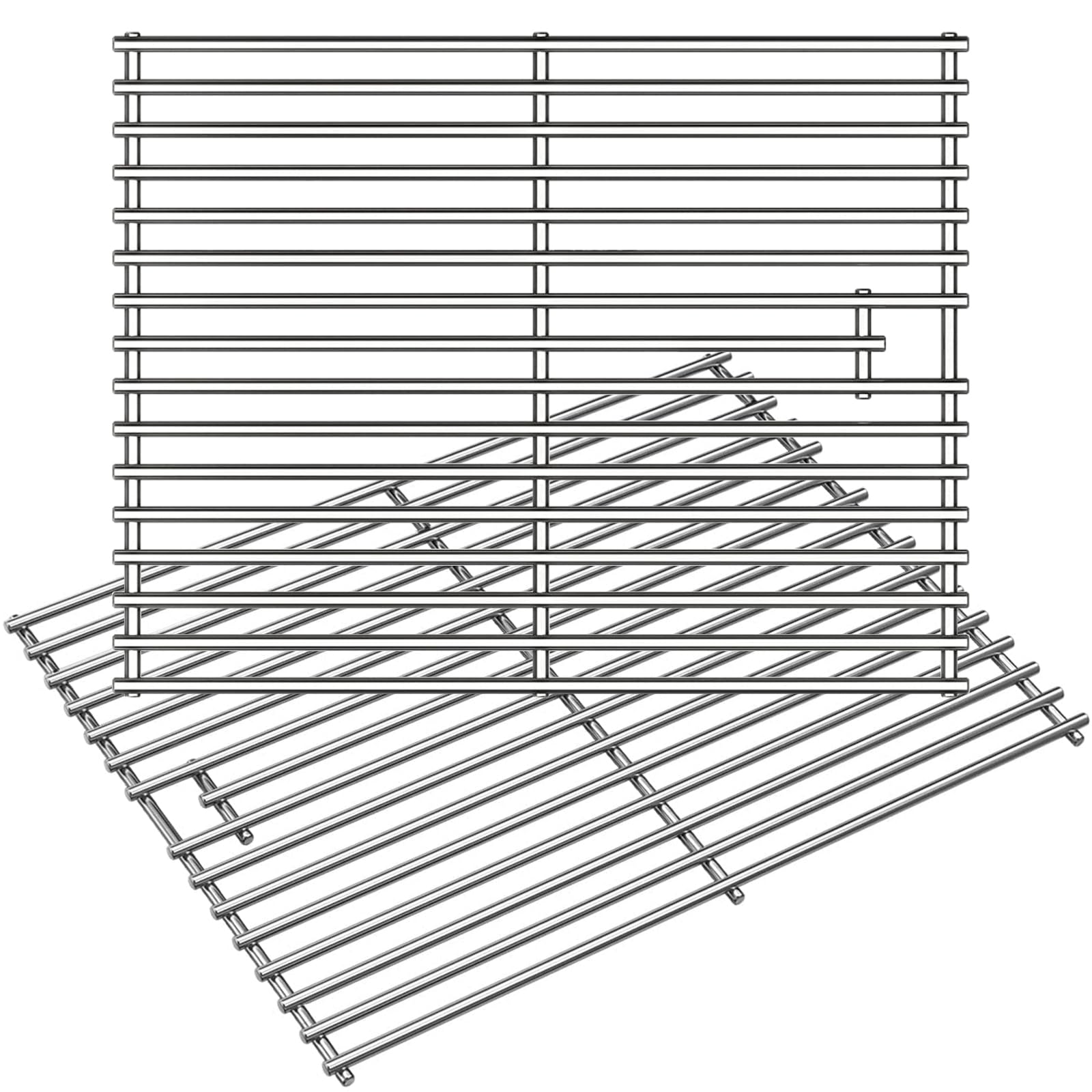 Wanchao front view of two 17 inch stainless steel grates showing sturdy construction and even heat benefit