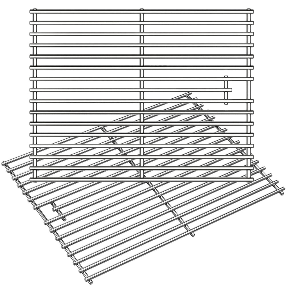 Wanchao front view of two 17 inch stainless steel grates showing sturdy construction and even heat benefit