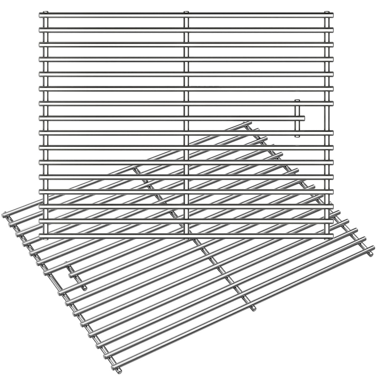 Wanchao front view of two 17 inch stainless steel grates showing sturdy construction and even heat benefit