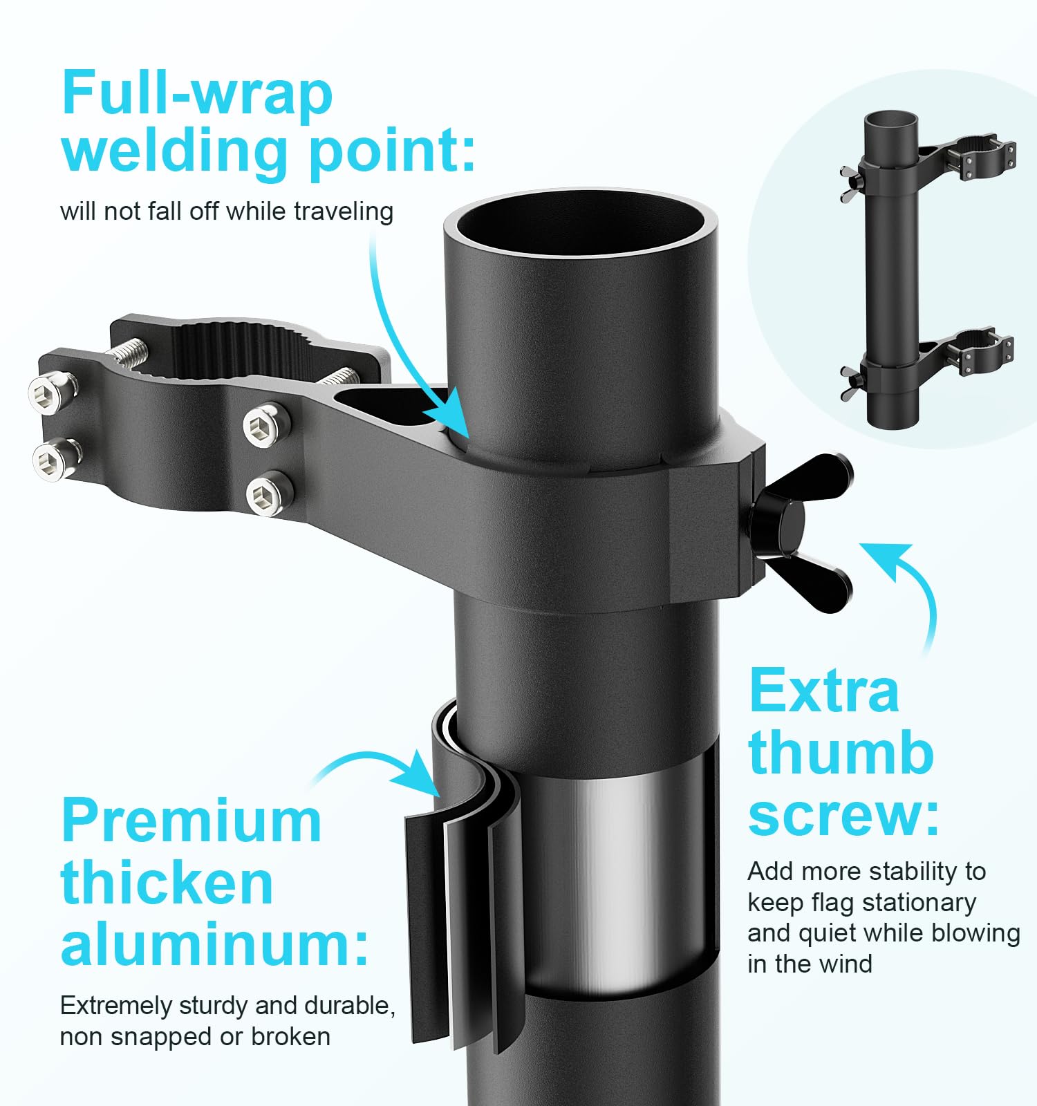 WanDwel next to flag pole showing size and compatible pole diameters