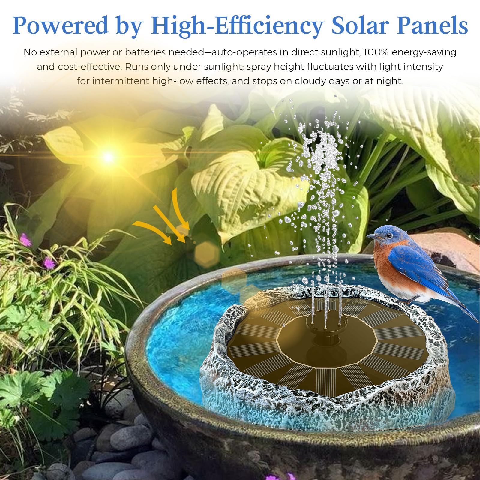 WANGIRO installed in a bird bath attracting birds with moving water benefit