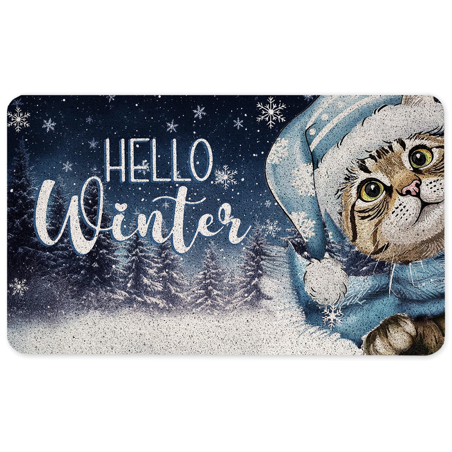 WARDOS front view of blue winter cat doormat showing festive welcome