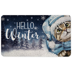WARDOS front view of blue winter cat doormat showing festive welcome