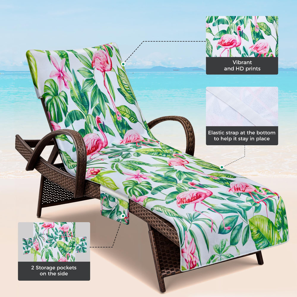 Warmiehomy on a poolside chaise demonstrating secure windproof fit