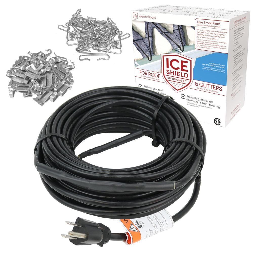 WarmlyYours front packaging showing 100-ft Ice Shield kit and benefits