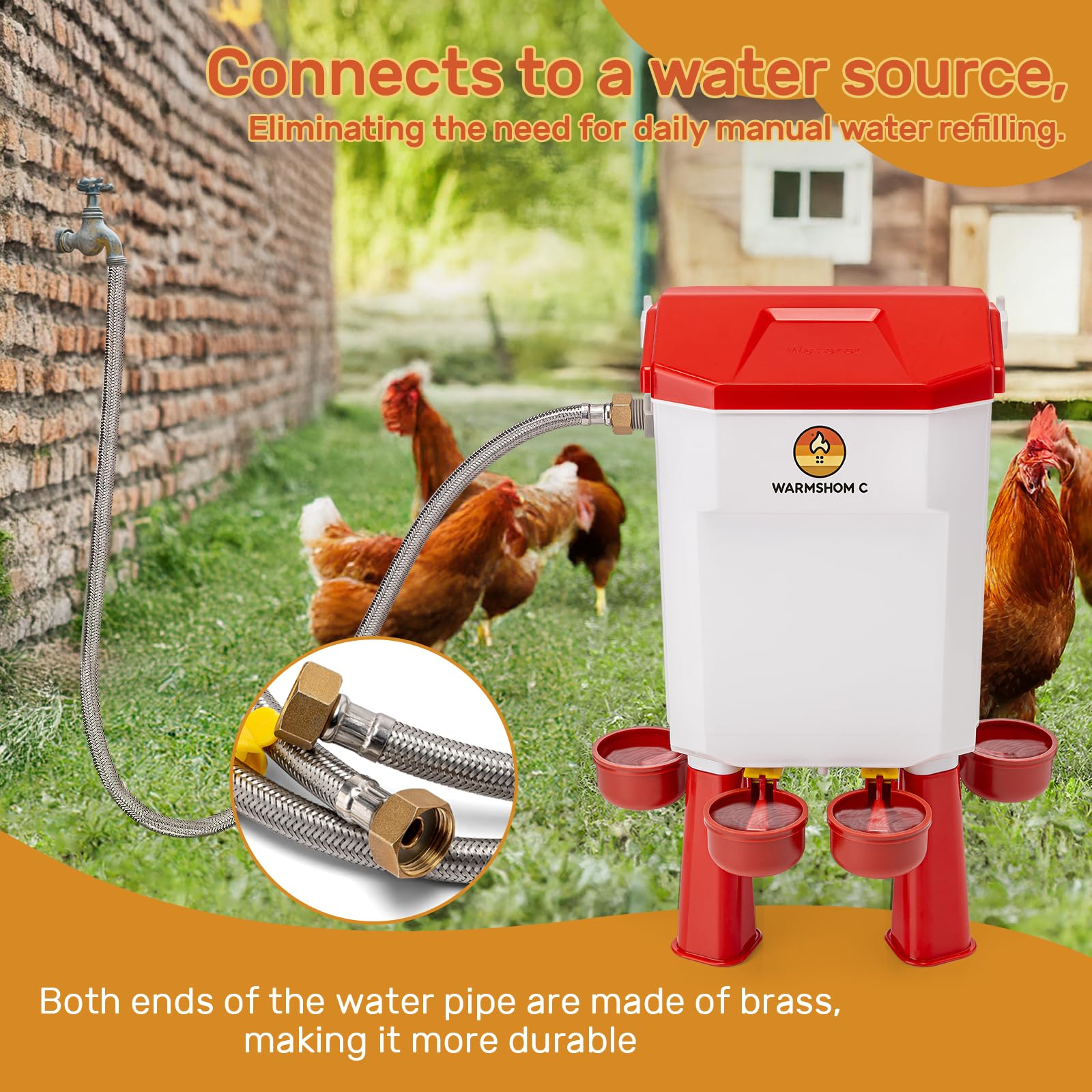 WARMSHOMIC installed on a coop fence with birds drinking, hands-free watering convenience