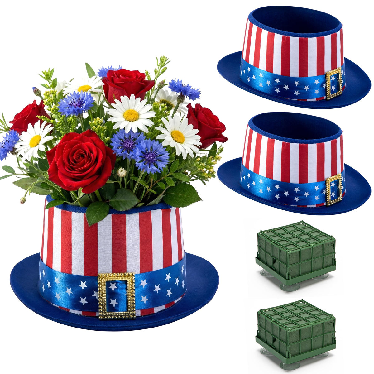 Watayo front view of two patriotic top-hat pots for instant holiday tablescape