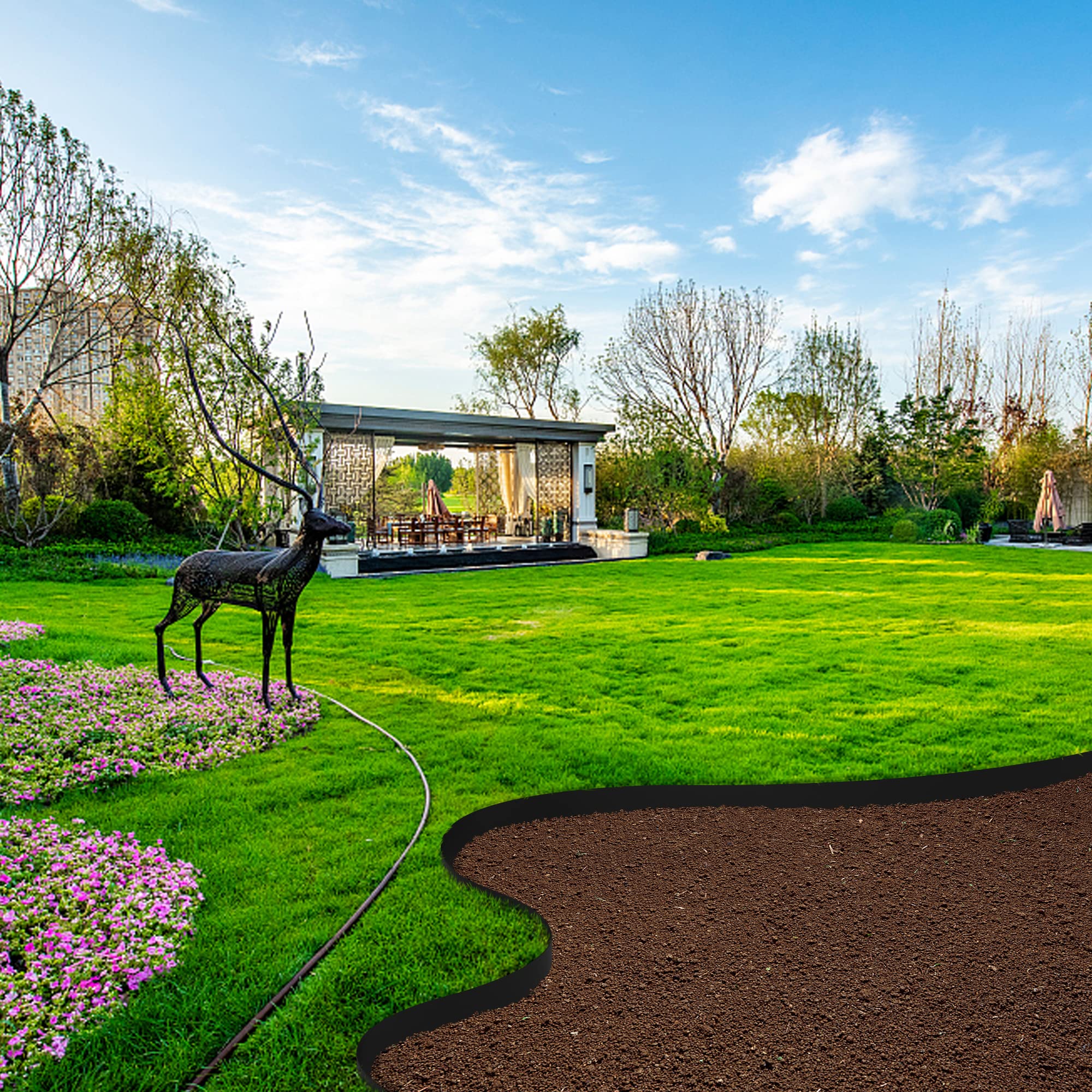 Watayo flexible edging forming a curved flower bed for neat landscaping