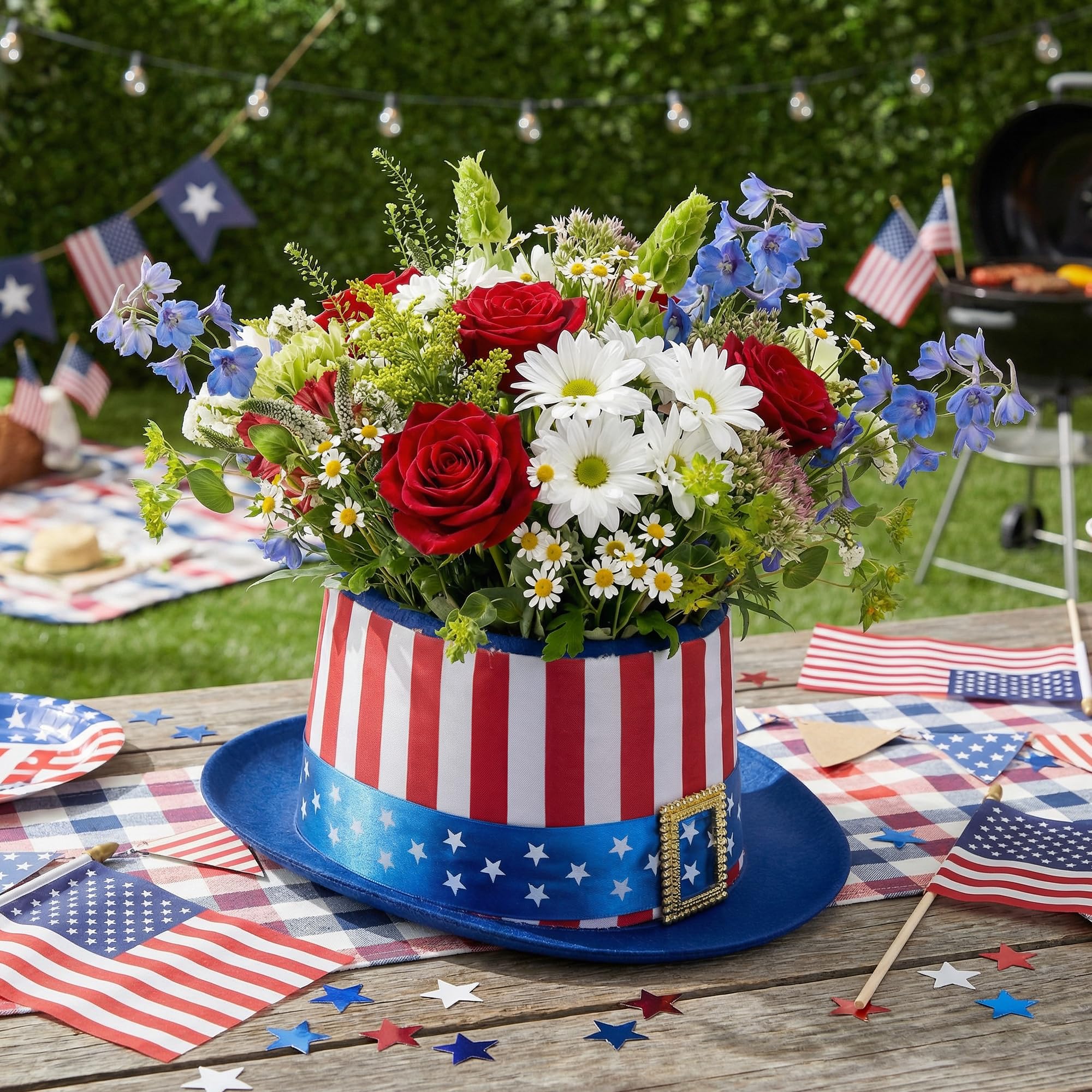 Watayo top hat holding red white blue arrangement showing quick styling idea