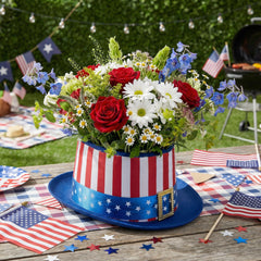 Watayo top hat holding red white blue arrangement showing quick styling idea