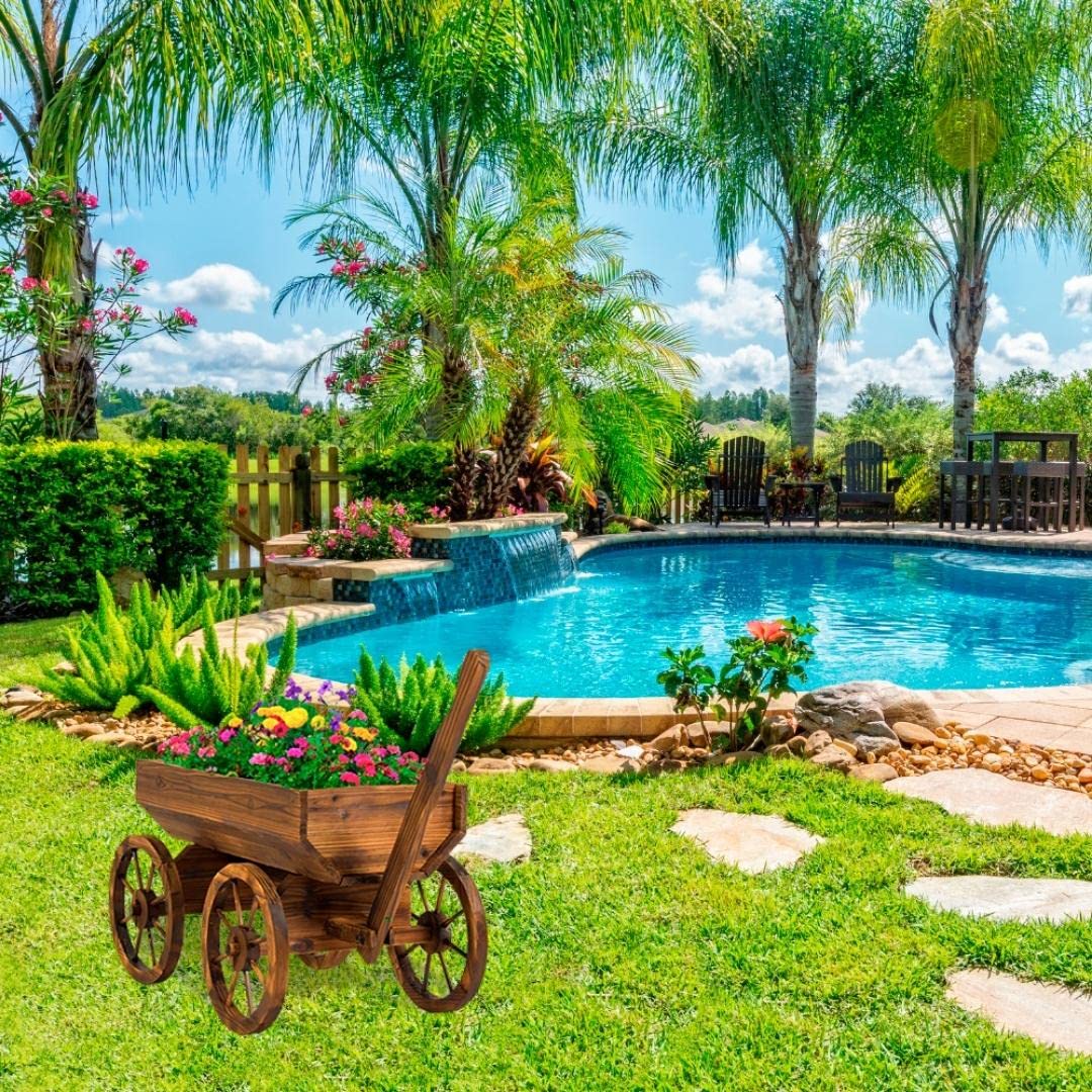 Watbick wagon planter on patio filled with flowers demonstrating decorative curb appeal