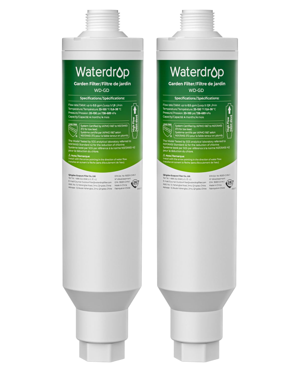 Waterdrop front view of inline garden hose filter showing compact durable body and easy connection benefit