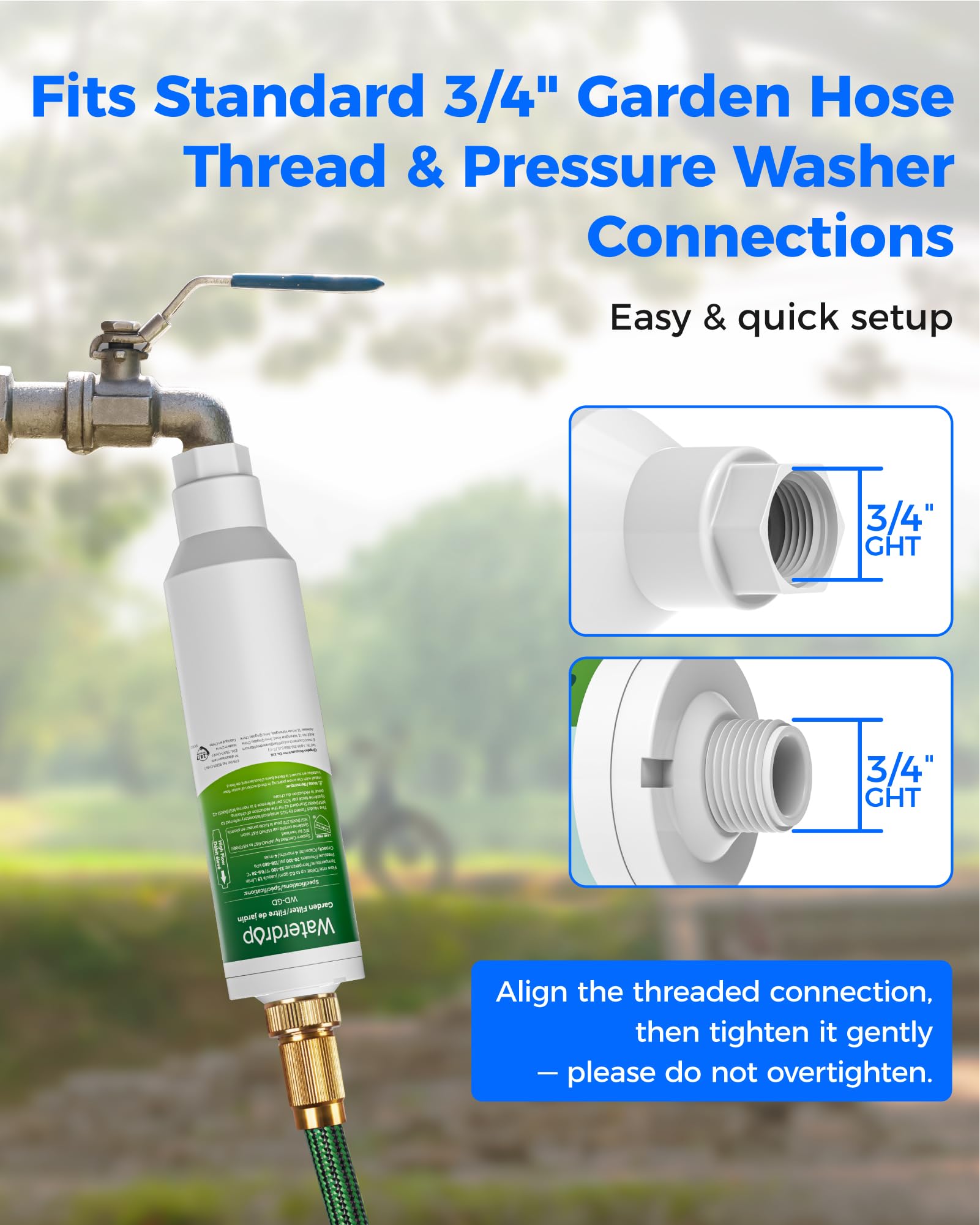 Waterdrop label and NSF/ANSI badge close-up showing certified filtration reassurance for families