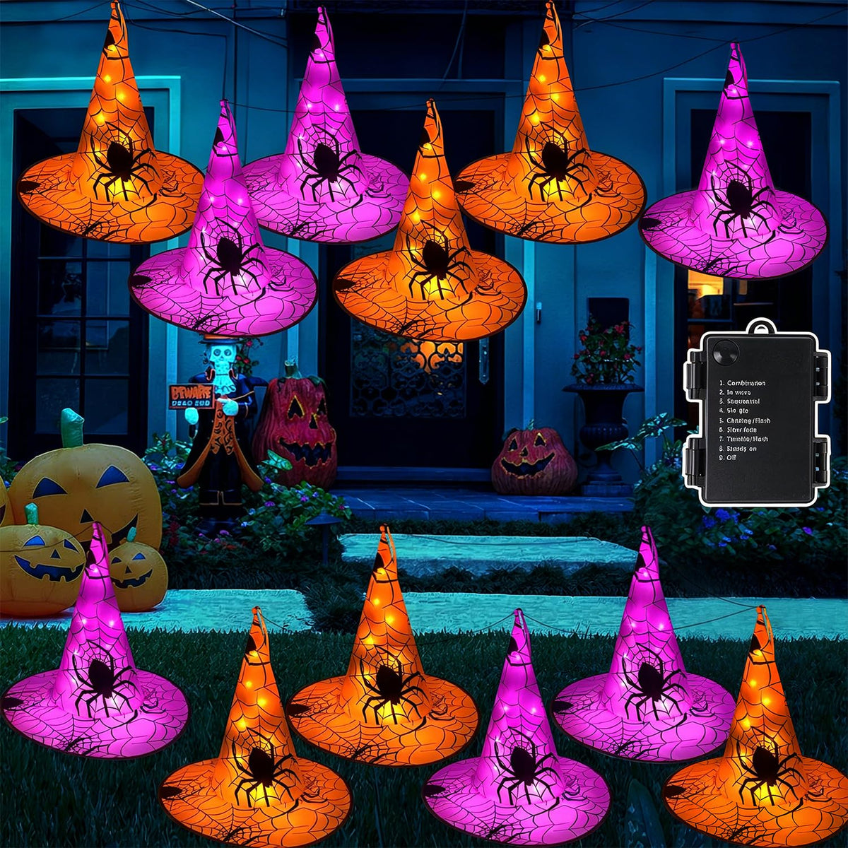 WATERGLIDE front view of 12 witch hat string lights adding Halloween curb appeal