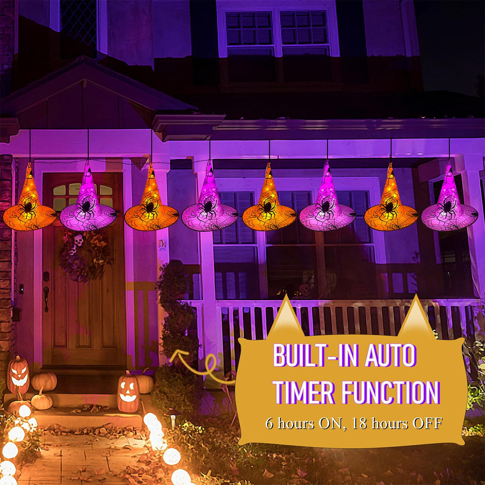 WATERGLIDE lit witch hats on a dark porch creating warm Halloween ambiance