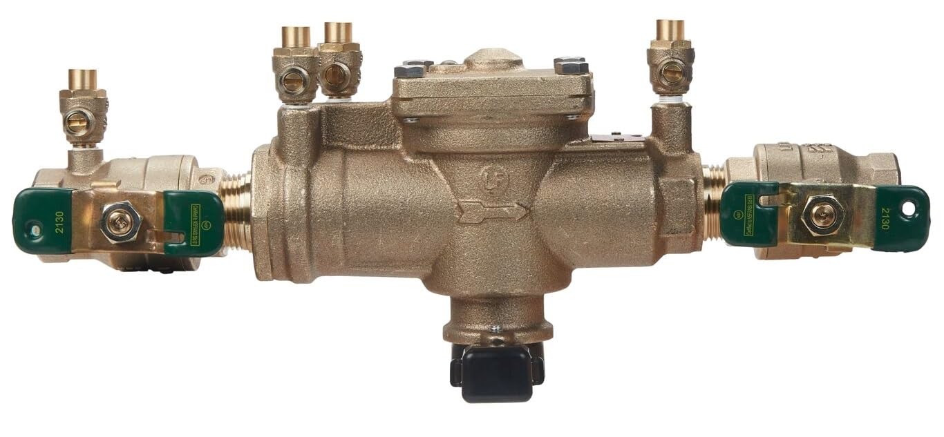 Watts LF009M2QT installed on commercial piping showing scale for size and straightforward service access