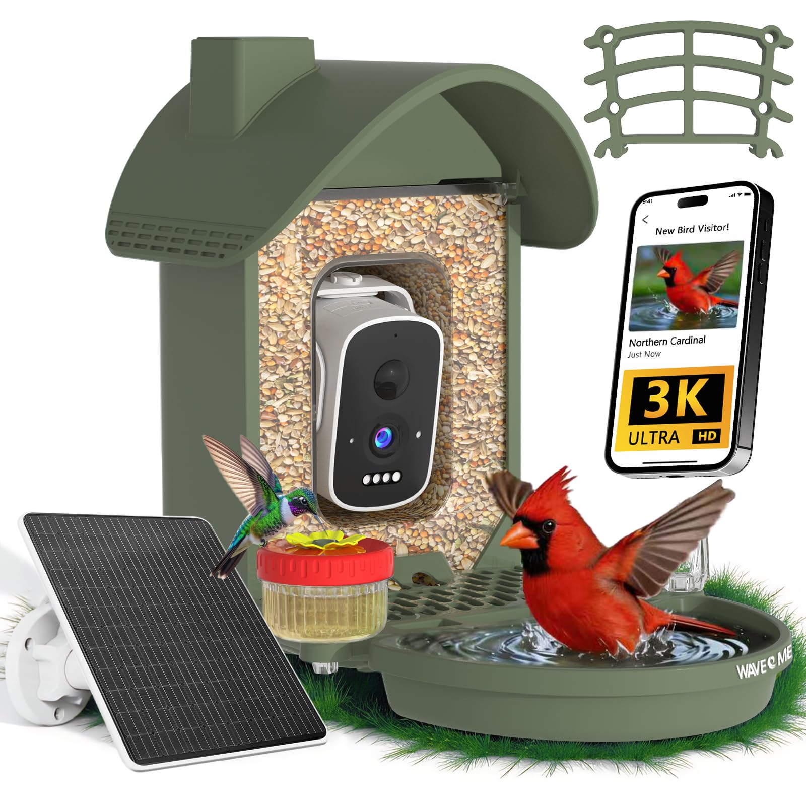 WAVEEME front view showing camera feeder and integrated bird bath benefit observation