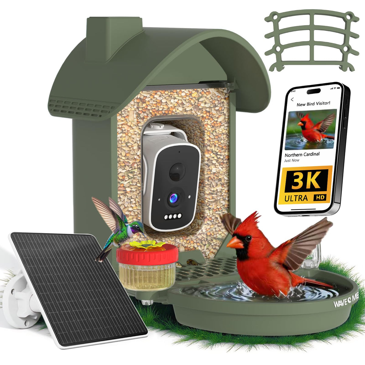 WAVEEME front view showing camera feeder and integrated bird bath benefit observation