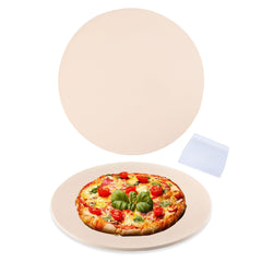 waykea front view of 14-inch pizza stone showing shape and benefit of even heat