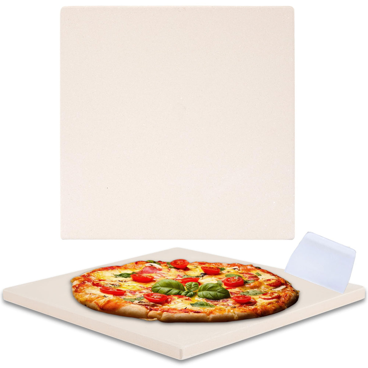 waykea front view of rectangular pizza stone showing compact fit and sturdy build