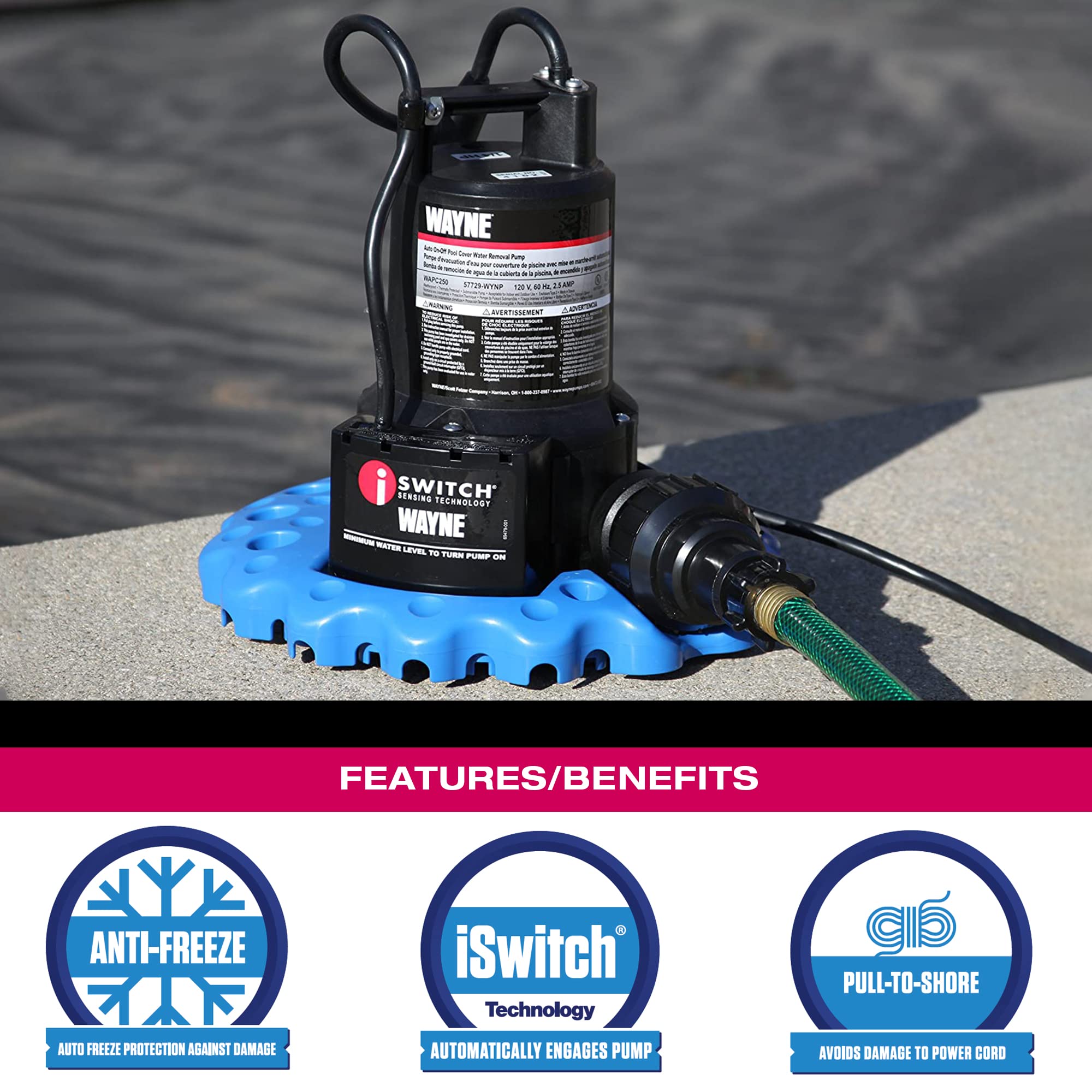 WAYNE WAPC250 operating on a pool cover removing standing water efficiently