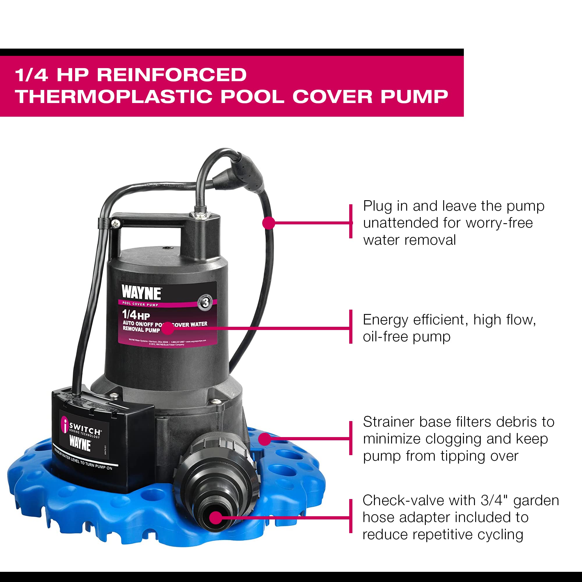 WAYNE WAPC250 25-foot power cord and pull-to-shore rope included for positioning
