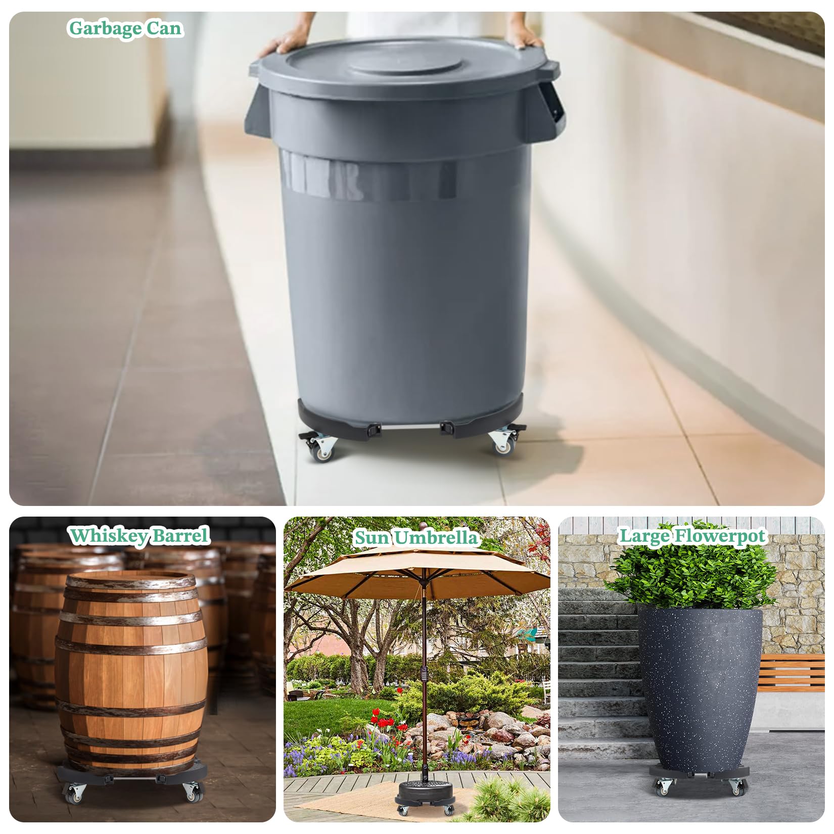 W B D WEIBIDA dolly under large ceramic planter demonstrating heavy-load support