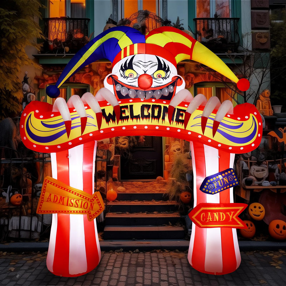 WBHome clown arch front view shows spooky entrance and curb appeal