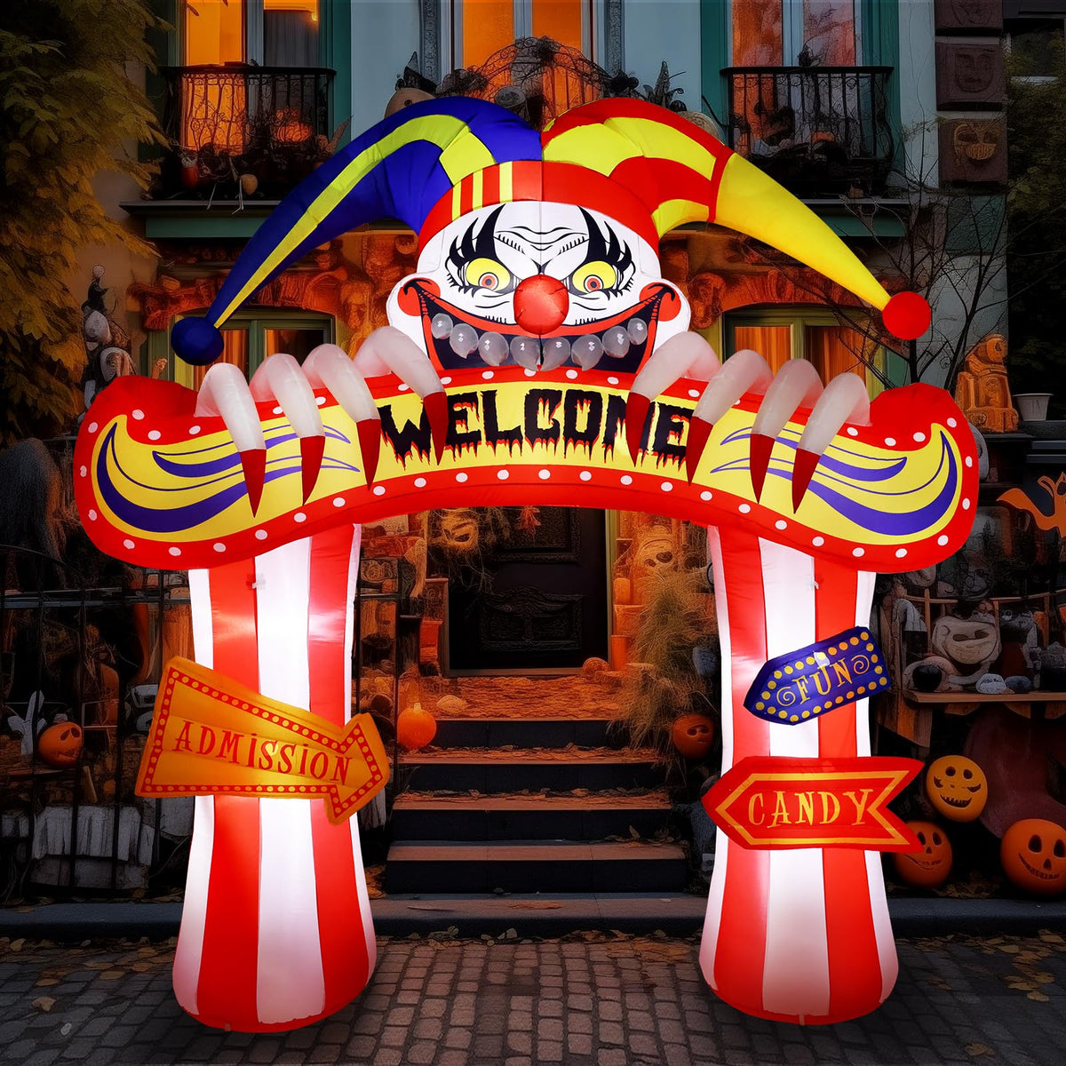 WBHome clown arch front view shows spooky entrance and curb appeal