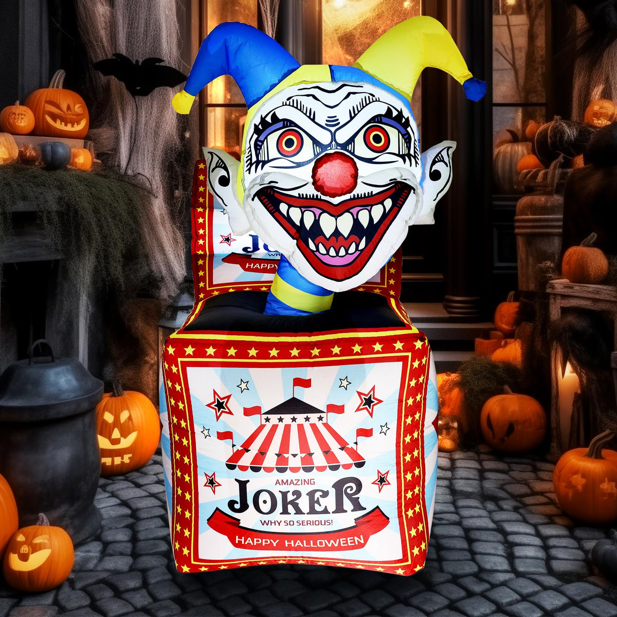 WBHome front view of inflatable clown box showing bold design and immediate curb appeal