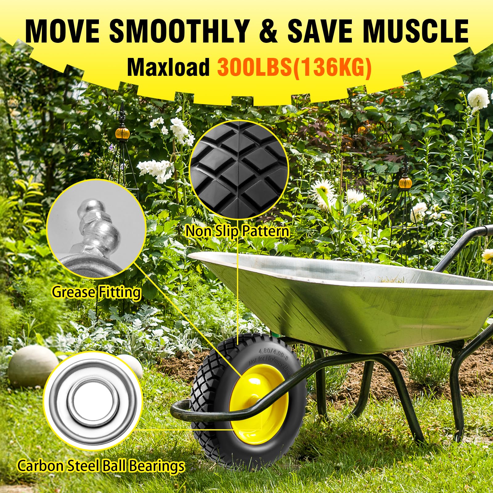 Wbuosz wheel installed on wheelbarrow demonstrating easy replacement