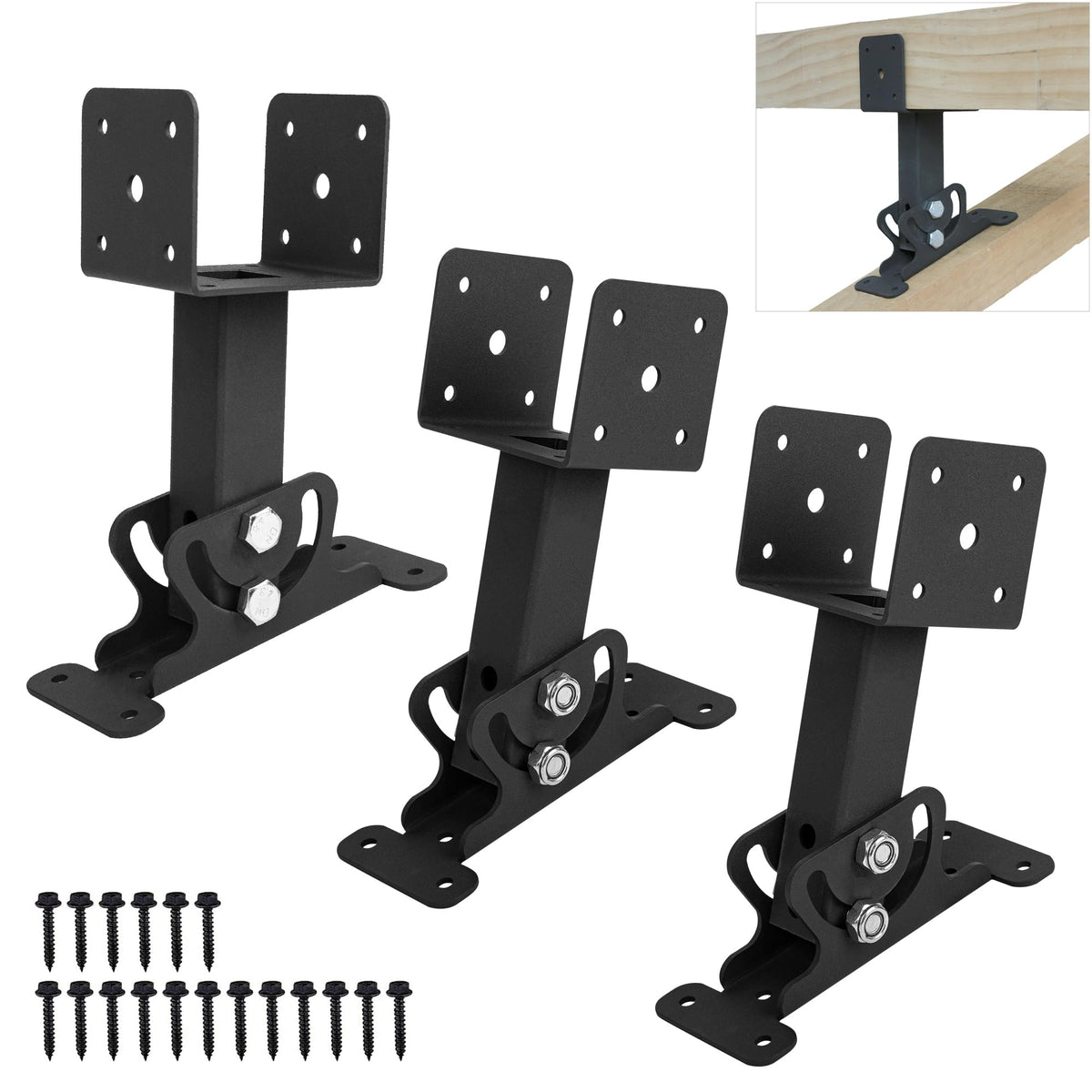 Wdwlbsm front packaging showing three black roof riser brackets and included hardware, organized for quick install.