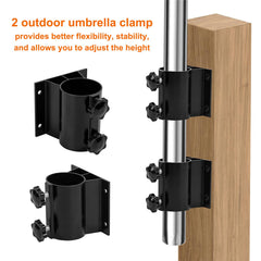 Wdwlbsm mounted on wood railing securing umbrella pole and saving deck space benefit