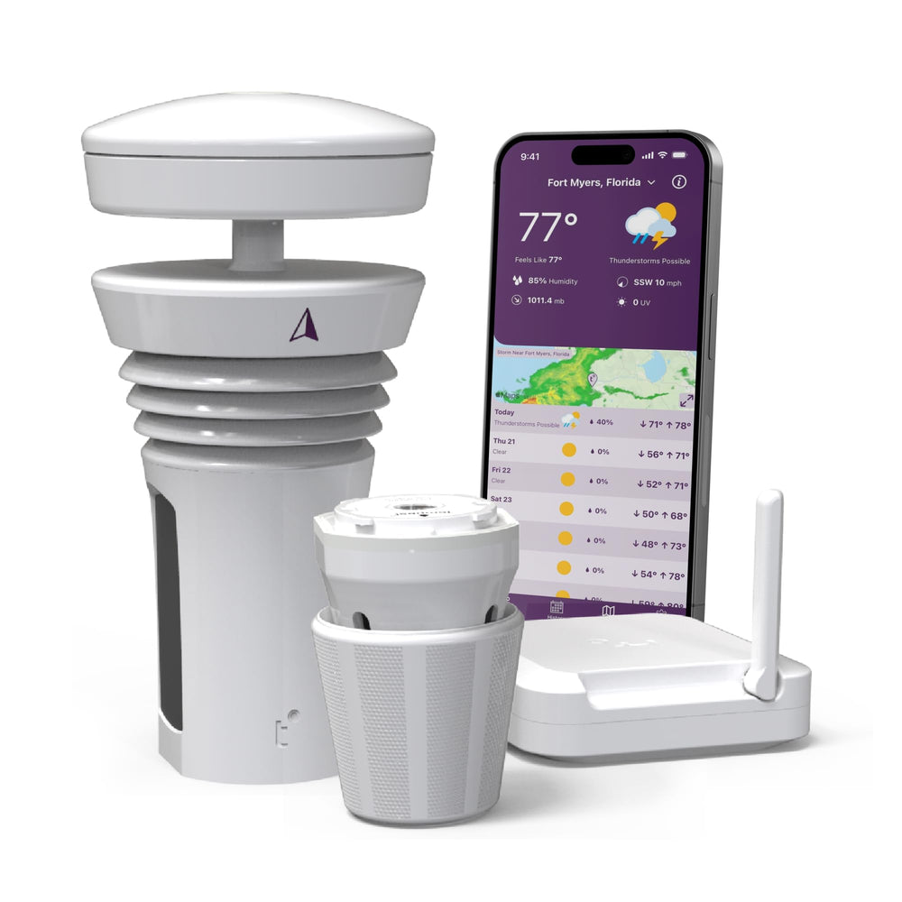 WeatherFlow Tempest front view showing compact sensor array and durable housing for reliable backyard data