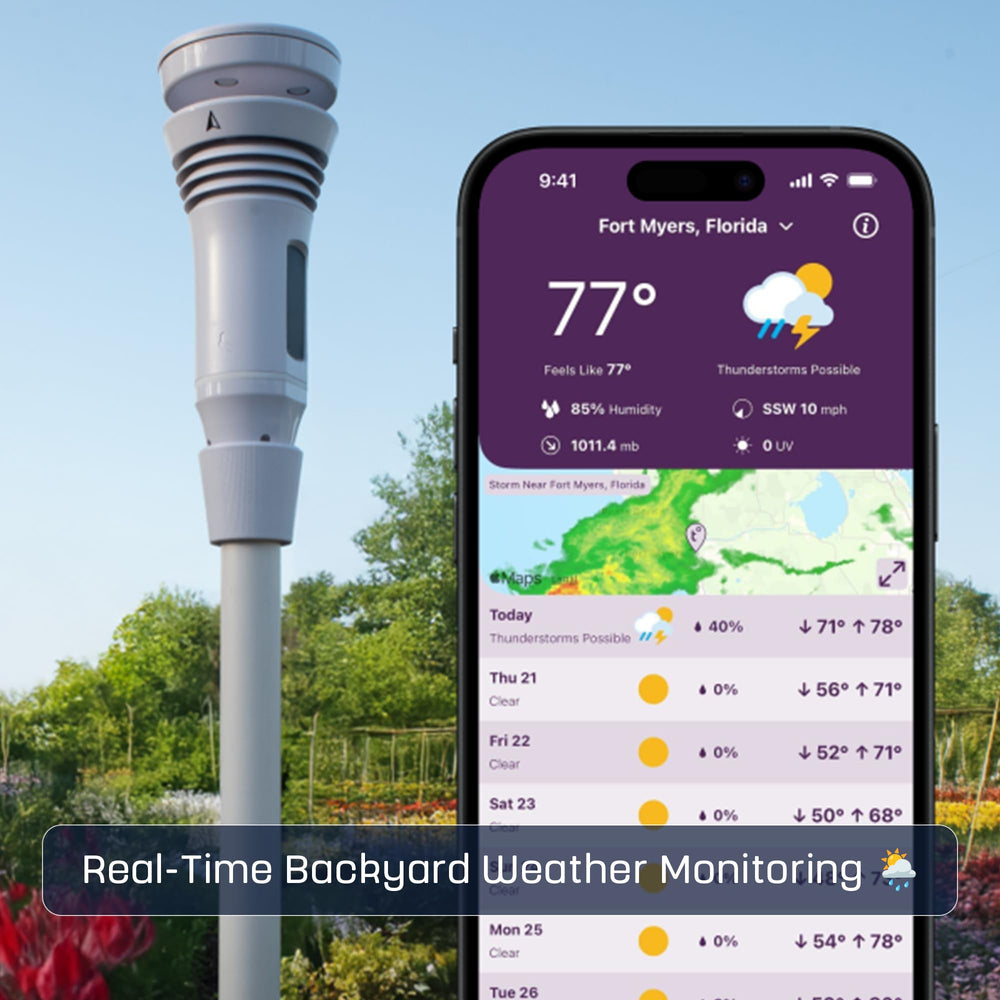 WeatherFlow Tempest in a garden lifestyle scene showing automated irrigation benefit from local data