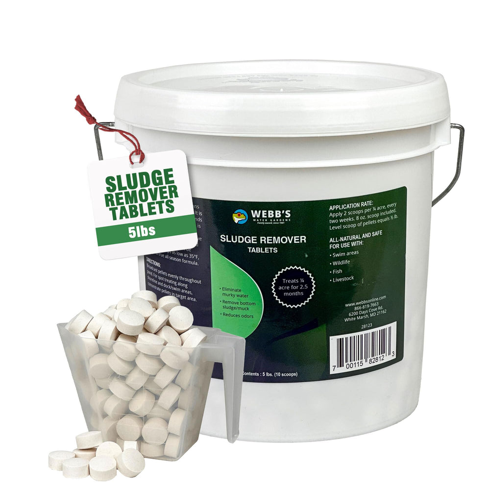Webb's Water Gardens 5 lb container front view showing product and scoop benefit