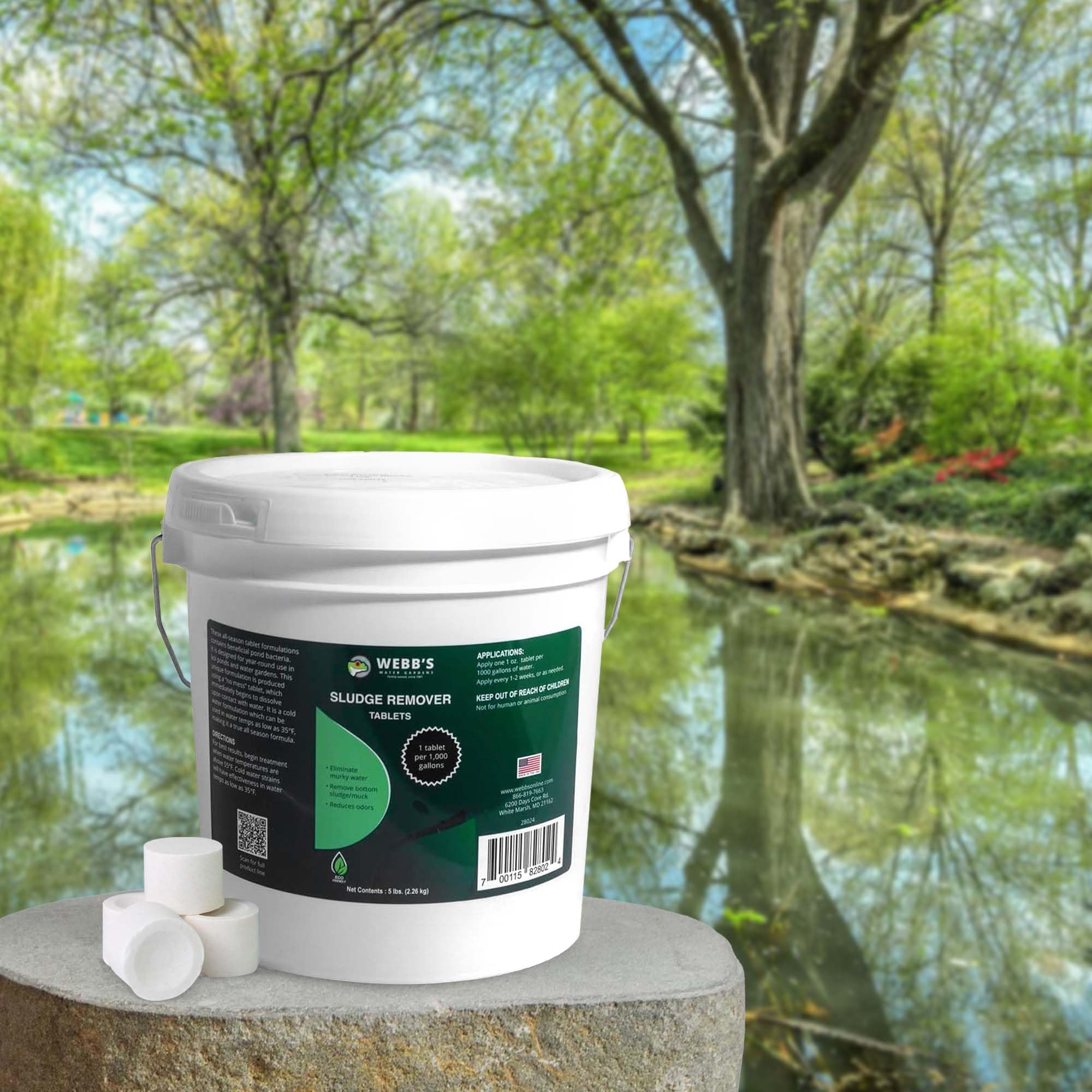 Webb's Water Gardens tablets on scoop measuring dose for easy application