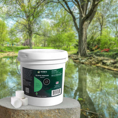 Webb's Water Gardens tablets on scoop measuring dose for easy application