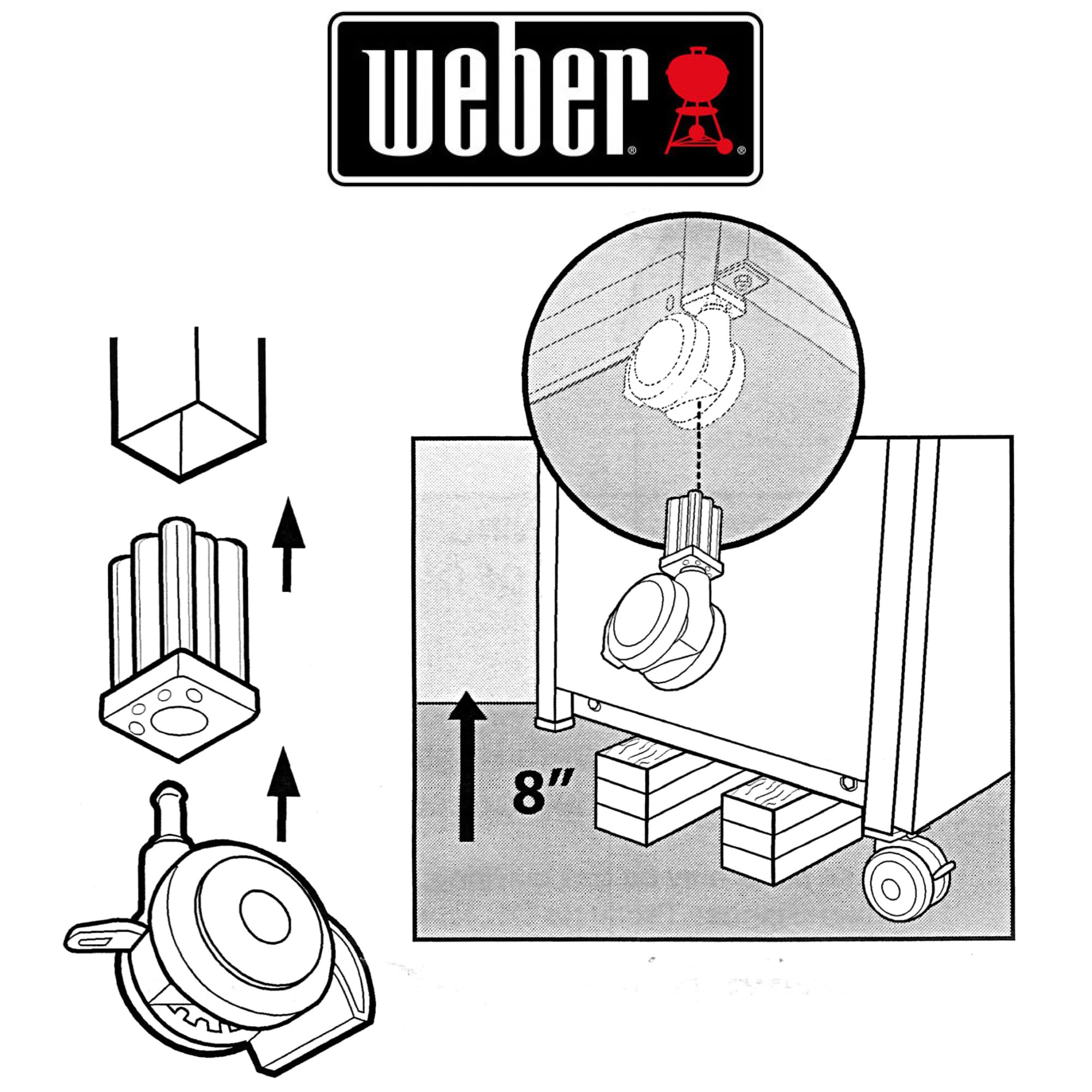 Weber caster installed on grill leg illustrating direct-fit replacement benefit