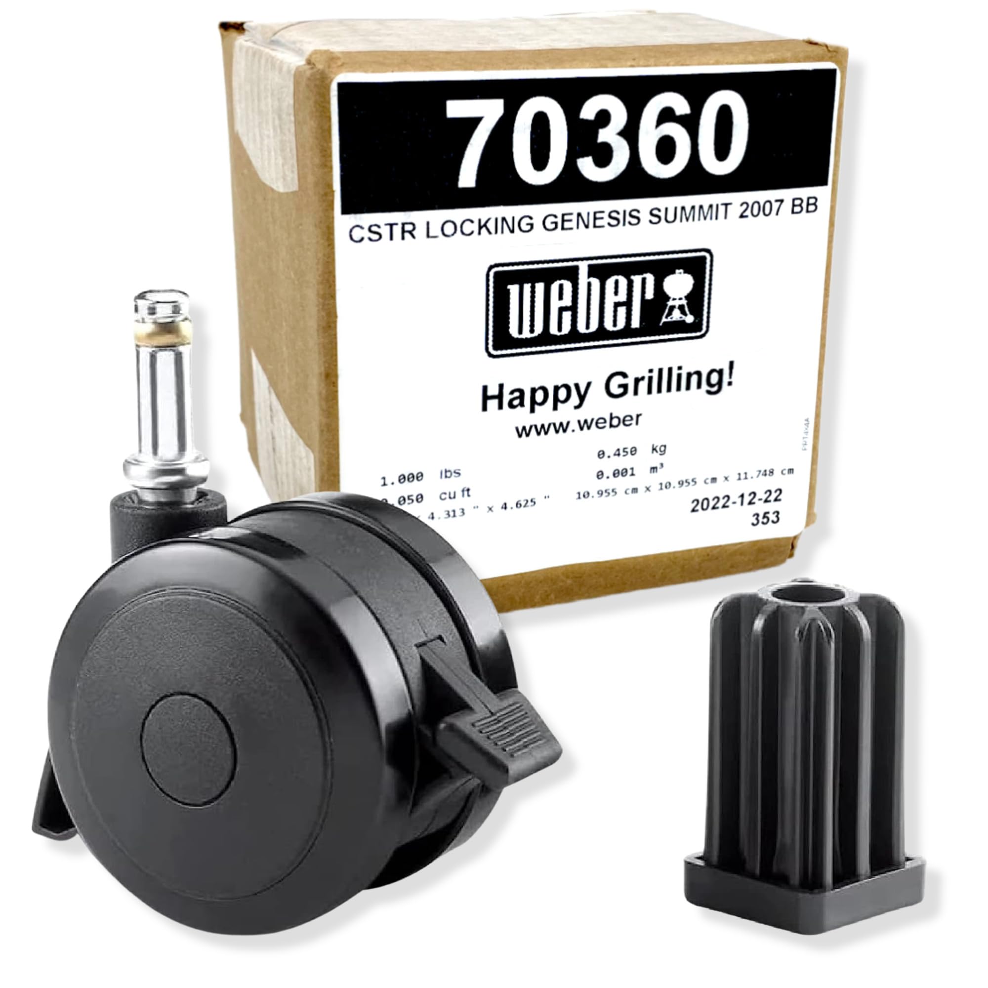 Weber locking caster front view showing wheel and housing for reliable mobility