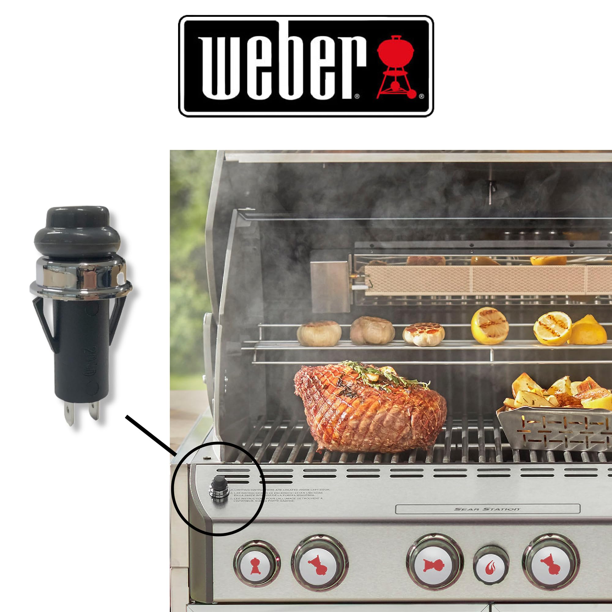 Weber Accent switch terminals detail showing two flat spade connections for secure wiring
