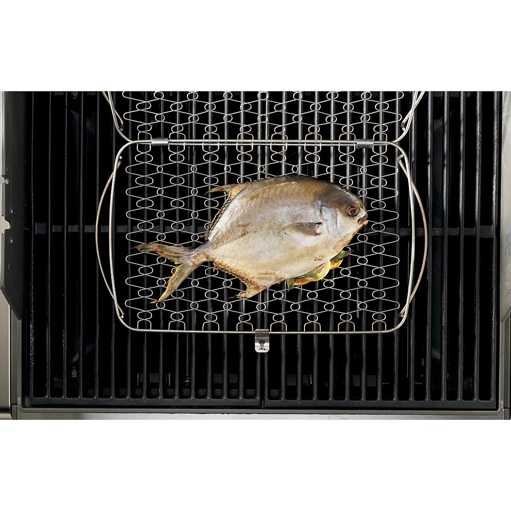 Weber product label and fitment markings on the basket indicating compatibility with Q 300 and larger grills