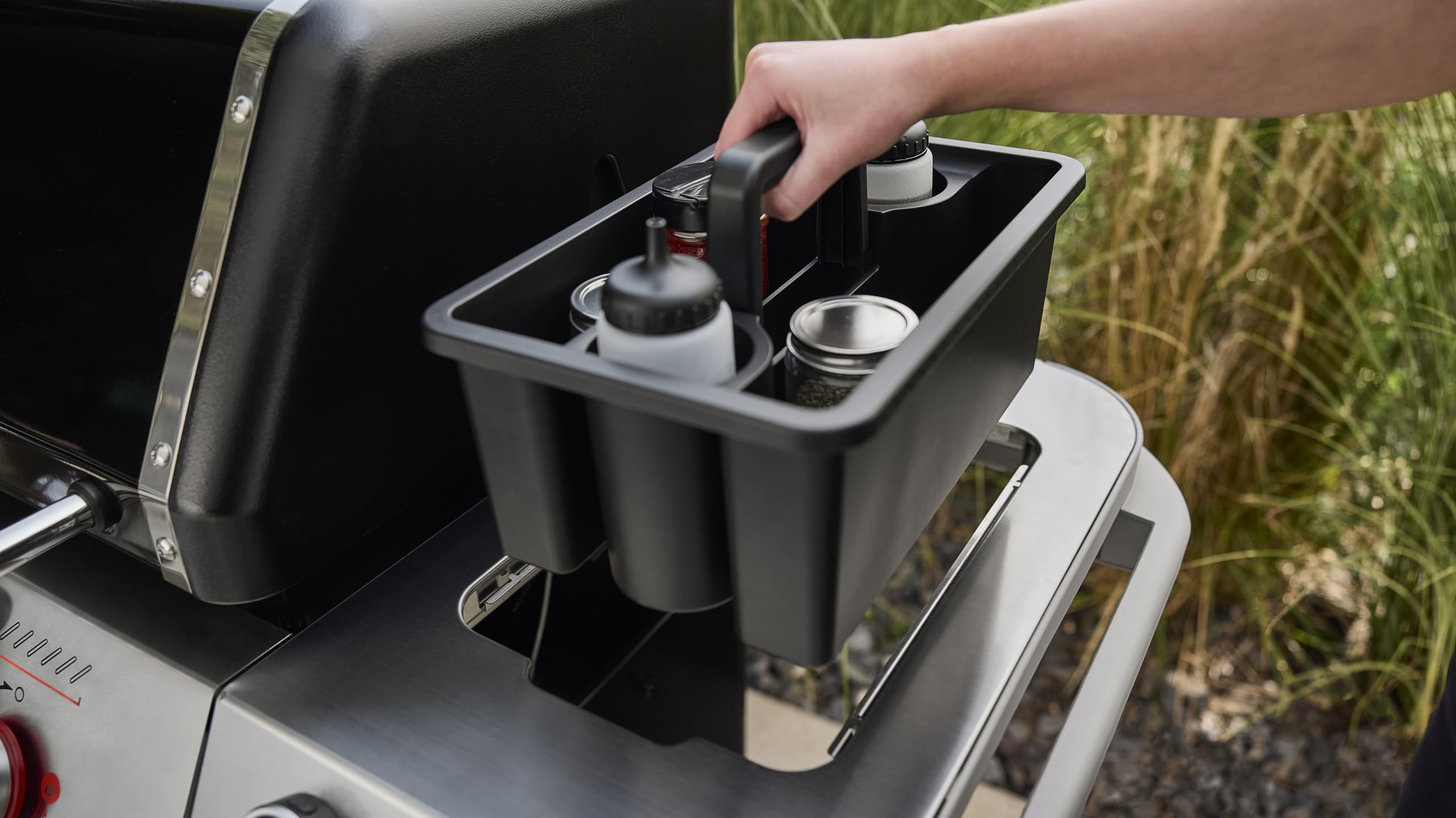 Weber caddy seated in Weber Works side table creating a prep station benefit