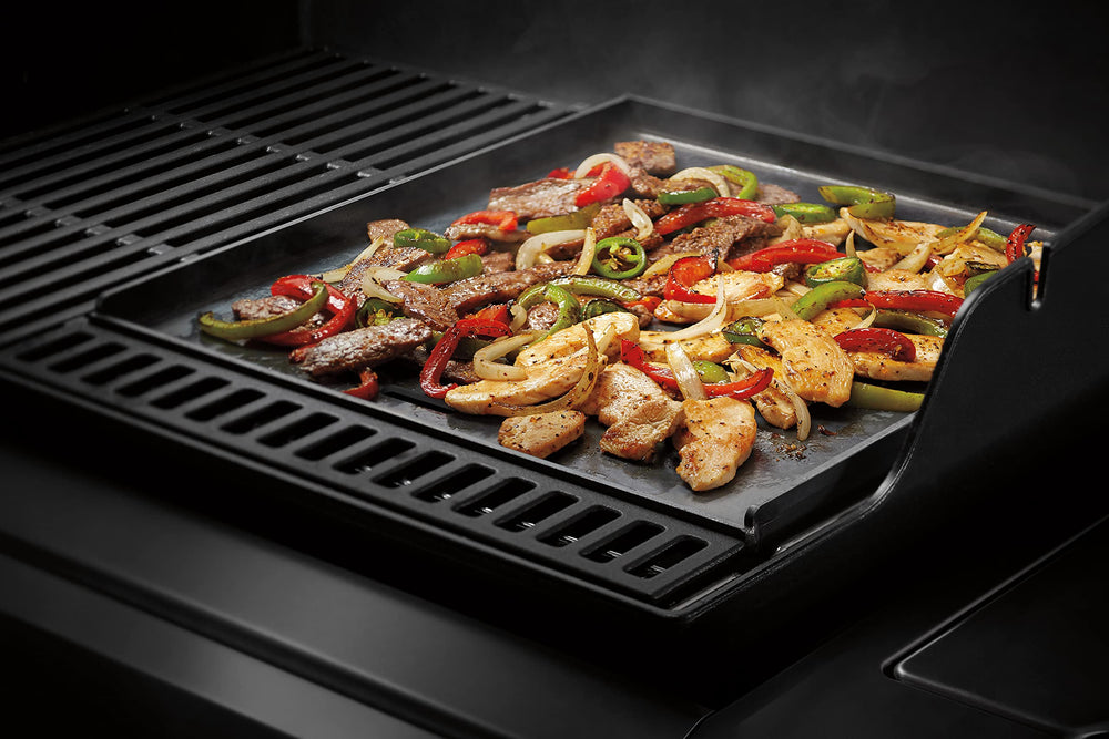 Weber Crafted griddle installed in grill enabling simultaneous cooking benefit