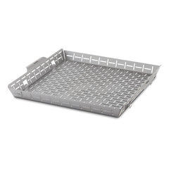 Weber roasting basket front view shows sturdy stainless steel and secure sides for safer roasting