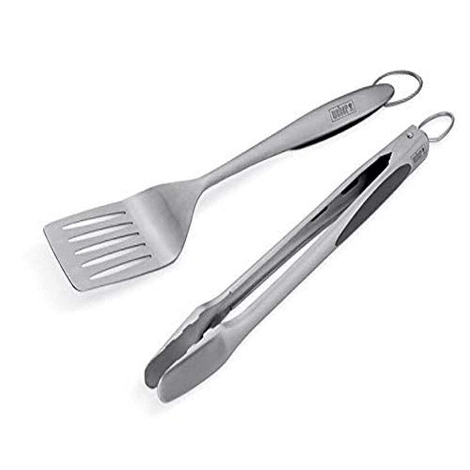 Weber deluxe two-piece set front view showing spatula and tongs, durable stainless steel benefit