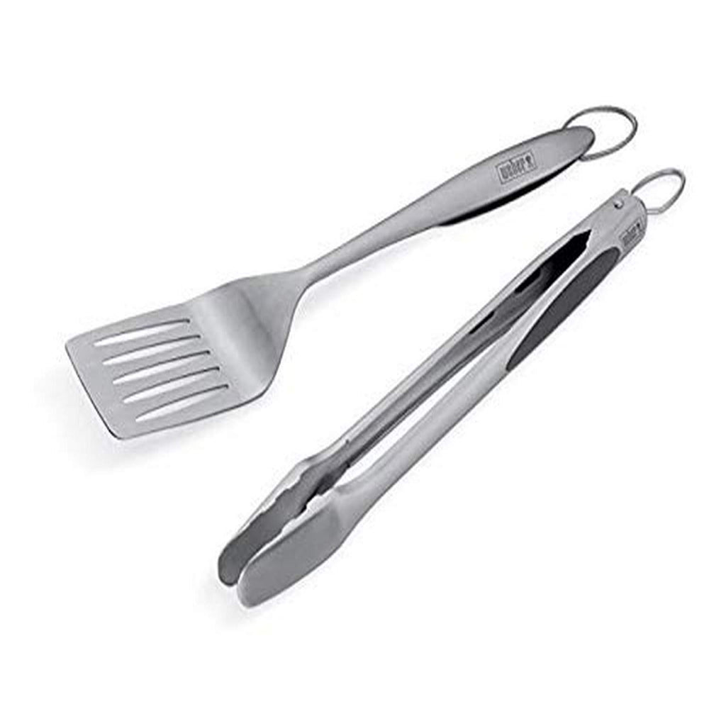 Weber deluxe two-piece set front view showing spatula and tongs, durable stainless steel benefit