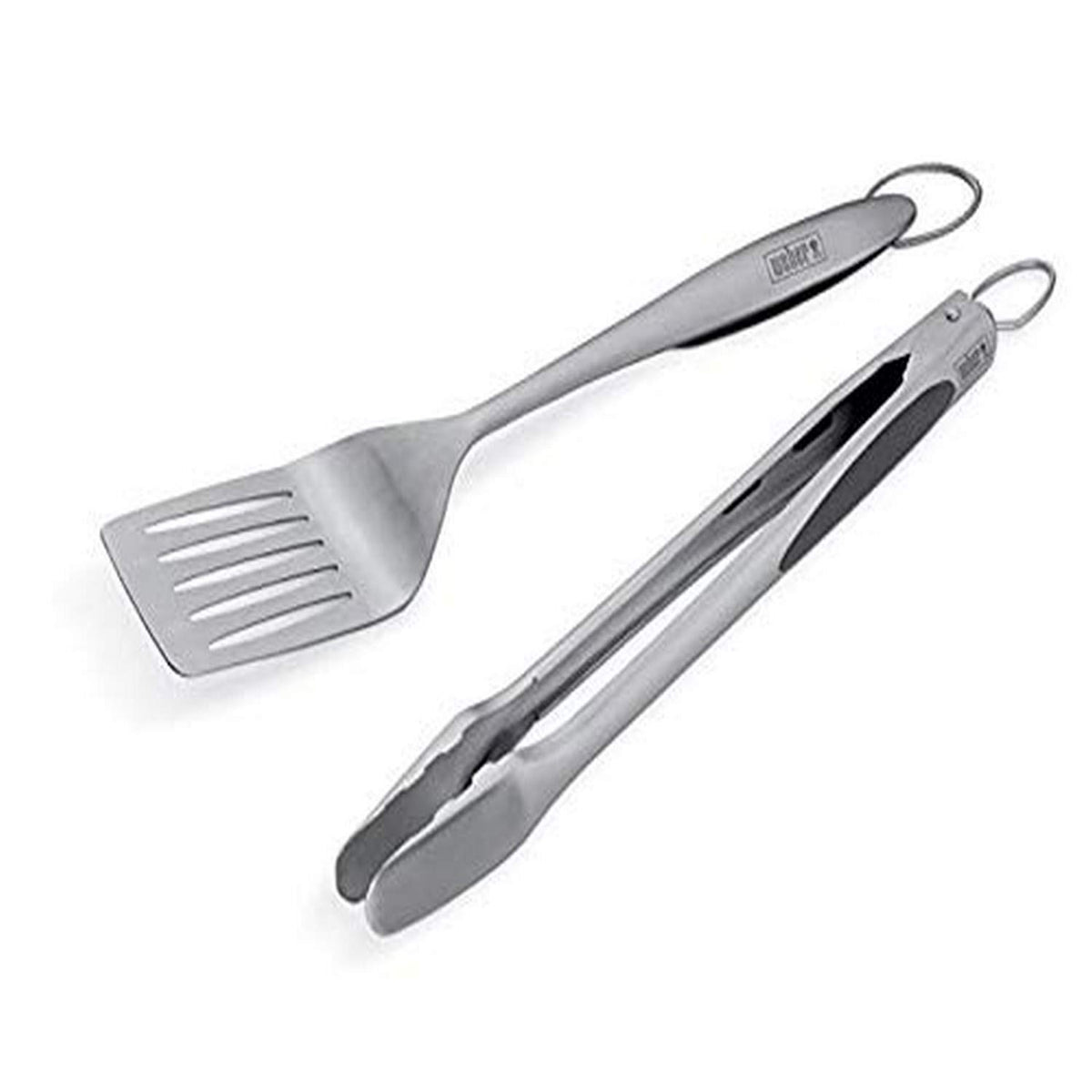 Weber deluxe two-piece set front view showing spatula and tongs, durable stainless steel benefit